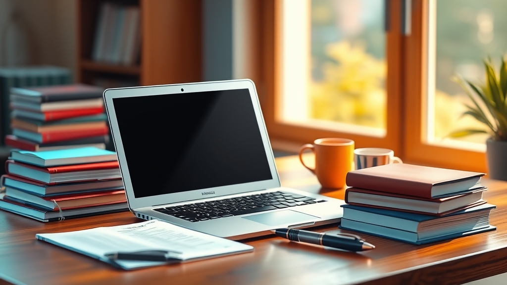 Budget silver laptop on a college student desk with notebooks and coffee