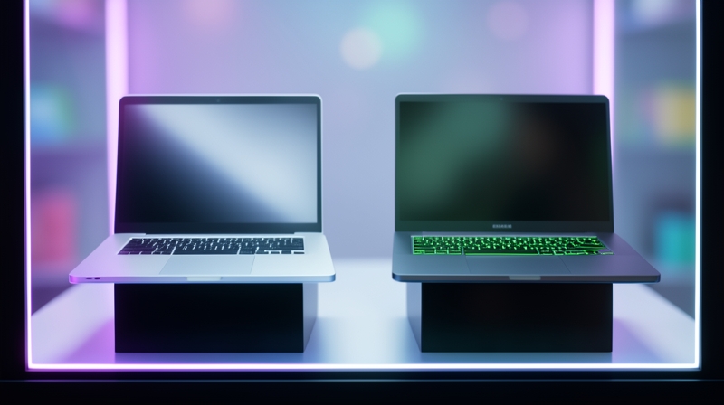 Two laptops — budget and premium — side by side in a shop display