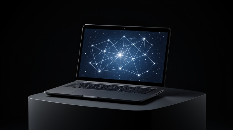 Concept AI laptop with a glowing star constellation overlay on screen