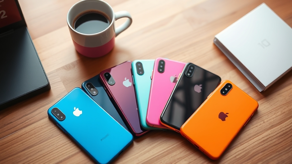 Seven colorful smartphones in a flat lay on a wooden desk beside a coffee cup