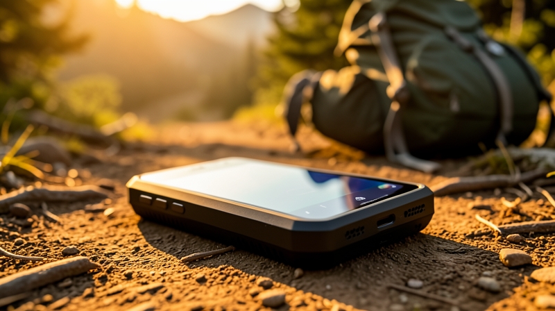 Realme 16T 5G-style battery phone on a camping trail at golden hour