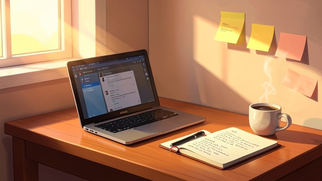 Warm focused study desk with laptop, notebook, and golden hour light