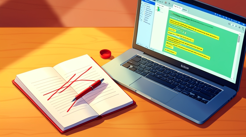 Notebook with handwriting edits beside laptop showing grammar suggestions