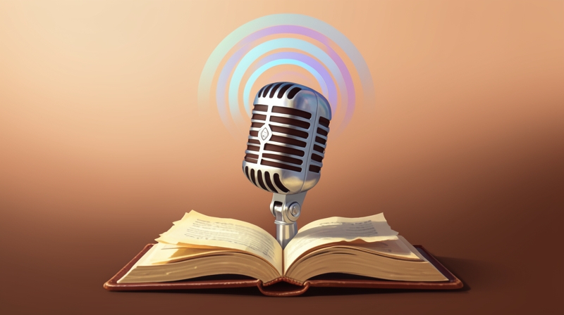Vintage microphone with soundwaves above a textbook