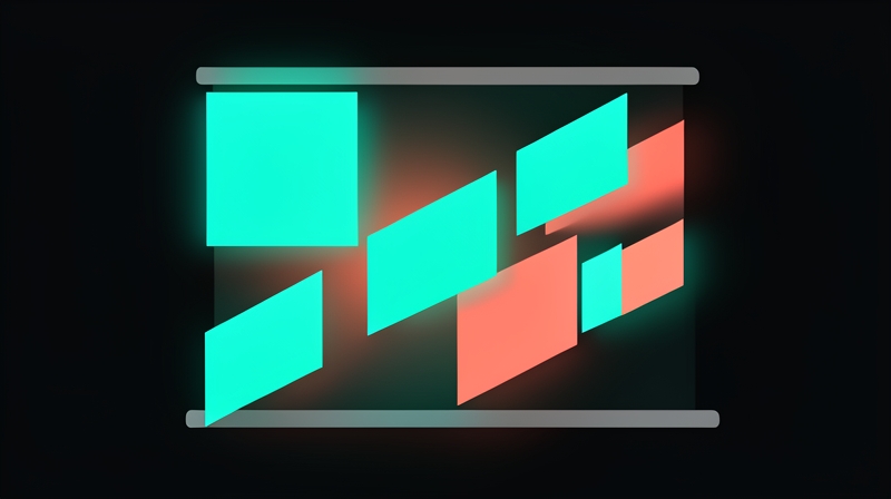 Presentation slide being built from floating colored tiles