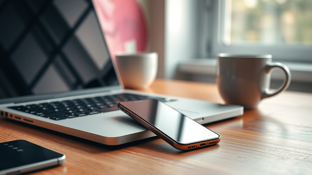 iPhone resting beside an open laptop on a wood desk with soft window light