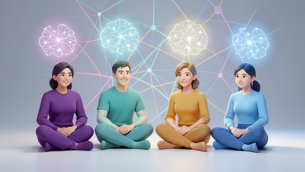 Four stylized AI assistant characters together in a studio, glowing holographic accents, no real brands or text