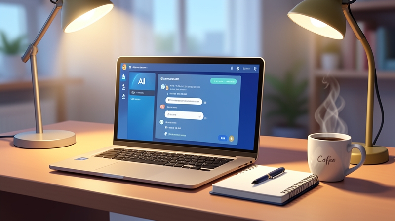 A calm desk with laptop showing an AI chat, notebook, pen, and coffee mug under a warm lamp glow