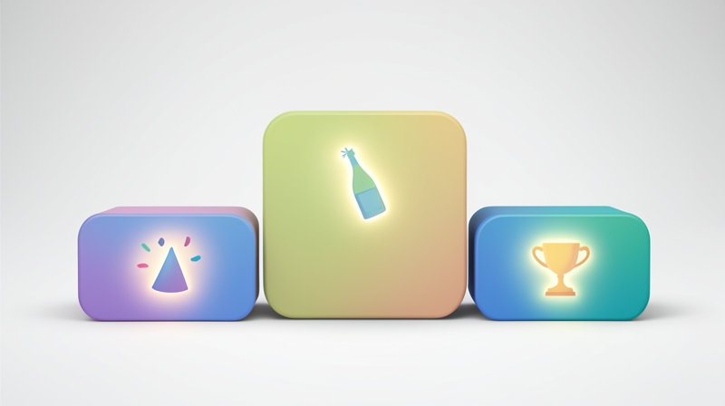 Four rounded cards in different accent colors laid out like a tasteful podium with friendly glowing icons