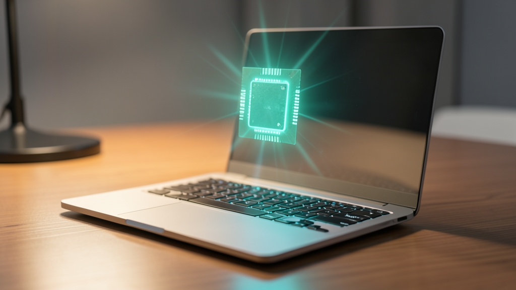 A sleek Windows laptop with a glowing graphics chip hovering over the keyboard, lit by a warm desk lamp.