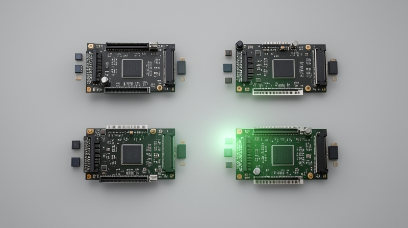 Four laptop CPU chips laid out side by side, one glowing green to suggest a GPU advantage.