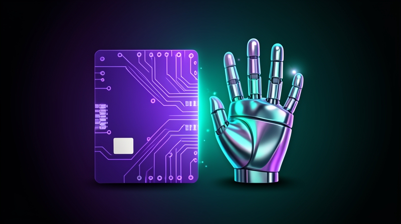 Split illustration of a credit-card circuit and a robotic hand representing AI billing split