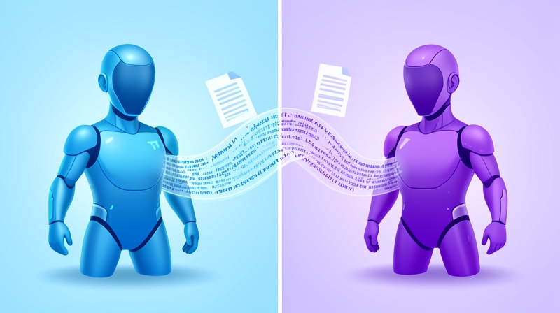 A simplified split-screen of two AI assistants connecting via a data stream, representing Copilot versus ChatGPT
