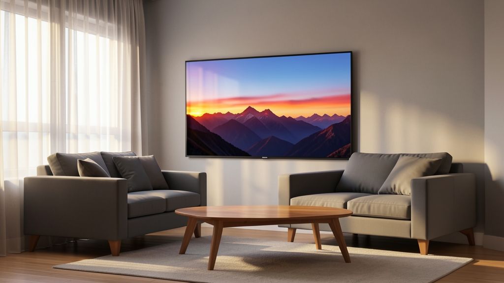Sleek wall-mounted TV in a modern living room displaying a vivid sunset scene