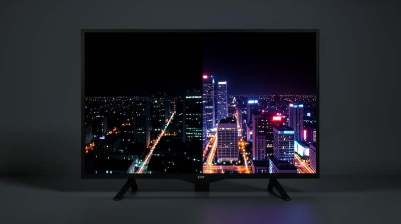 Close-up contrast between deep blacks and bright highlights on a mini LED TV screen