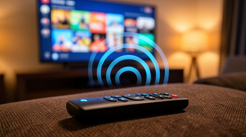 Smart TV remote on a couch with streaming interface blurred in the background