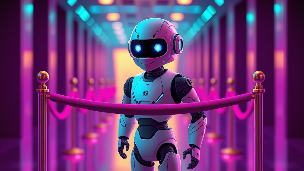 Friendly robot assistant paused at a velvet rope, soft purple and teal glow