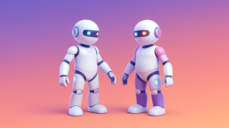 Two abstract AI robots side by side comparing notes