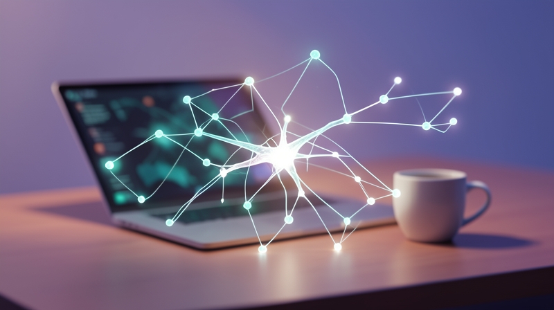 Glowing neural network branching into a work-friendly desk scene