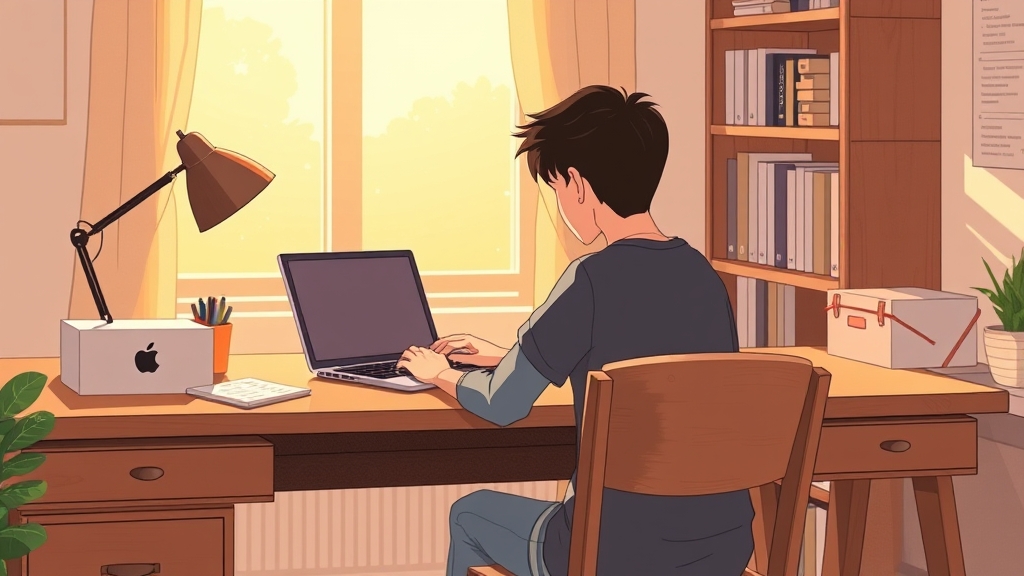 Student at a tidy desk with laptop and nearby boxes, warm afternoon light