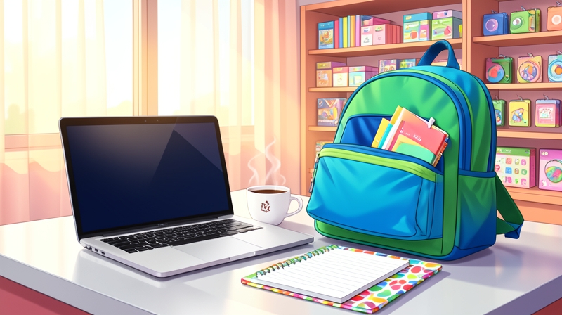 Back-to-school shopping scene with a laptop, backpack, and notebook