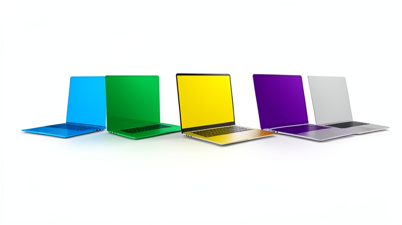 A lineup of five modern student laptops on a clean studio background